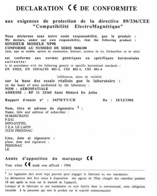 DYNAVIVE ionisation air OR'IONS - Document certifié par laboratoire indépendant de l'Aérospatiale