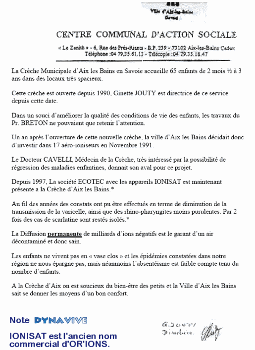 DYNAVIVE - Témoignage de la crèche municipale d'Aix les Bains sur la désinfection de l'air par Ionisation OR'IONS