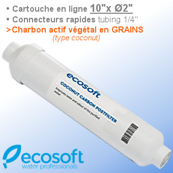Voir d�tails>  Cartouche ligne 10''x2'' Ecosoft Charbon coconut en Grains (finition post-osmose) - Avec raccords rapides