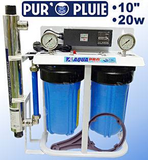 Voir dtails>  Purificateur eau de pluie Aquapro PurOpluie-DUO-10'' avec UV-20Watts (1,36m3/h maxi)