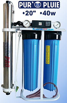 Voir dtails>  Purificateur eau de pluie Aquapro PurOpluie-DUO-20'' avec UV-40Watts (2,72m3/h maxi)