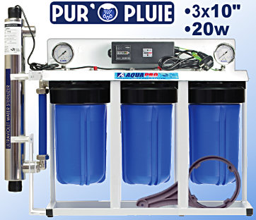 Voir dtails>  Purificateur eau de pluie Aquapro PurOpluie-TRIO-10'' avec UV-20Watts (1,36m3/h maxi)