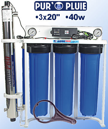 Voir dtails>  Purificateur eau de pluie Aquapro PurOpluie-TRIO-20'' avec UV-40Watts (2,72m3/h maxi)